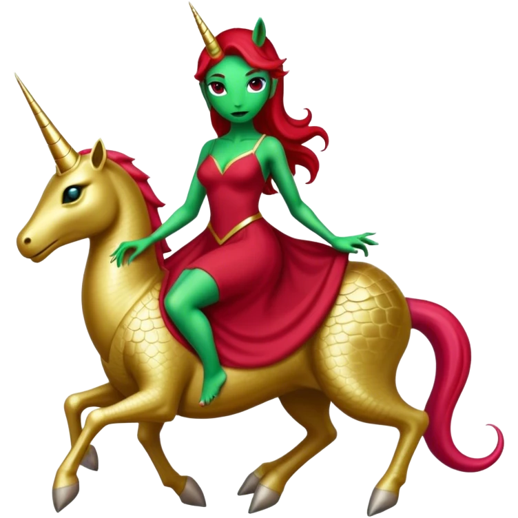 "reptilian green alien woman" in "long slim dark red dress", rides, "unicorn gold and white"
 emoji