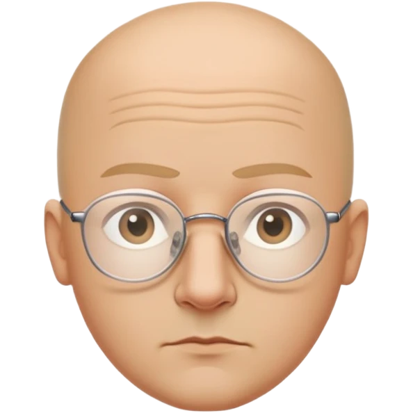 Oval bald head, light skin, thin arched eyebrows, small almond eyes with rimless glasses, straight nose, neutral closed lips, smooth jawline, calm serious expression emoji
