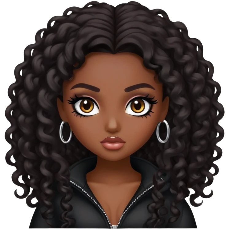  long curly dark hair, dark skin skin, dark brown eyes, pretty bratz baddie, black eyeliner emoji