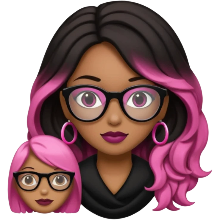 Una chica con pelo negro y lentes rosados, con una impresora negra y dos perras, la primera de color marron y la otra negra emoji