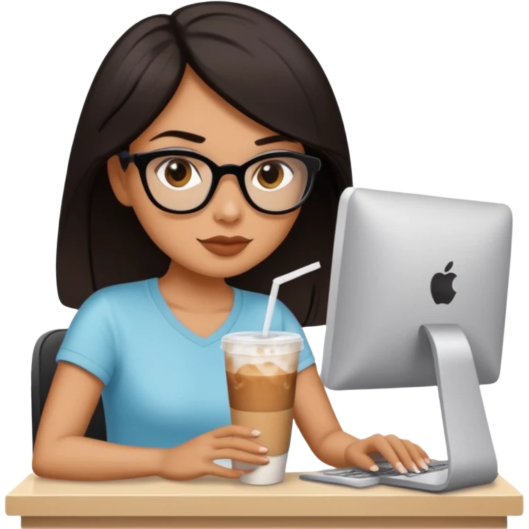 컴퓨터 작업 중 + 아이스 아메리카노(테이크아웃 잔)링거 + 다크서클 + 검은머리 여성 emoji