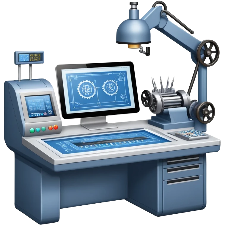 An icon featuring an engineer’s desk with blueprints, a ready machine, and microchips, symbolizing engineering. The design includes gears, tools, and a caliper, representing the design and construction of innovative technologies. Transparent background highlights the precision emoji