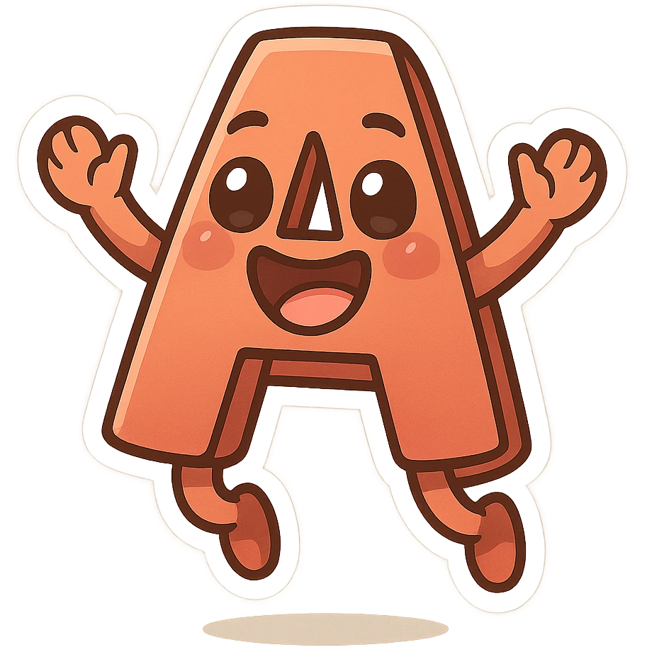 letter A jumping and laughing, cartoon style, big eyes, transparent background emoji