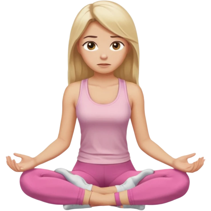 Create a young woman with long blonde hair, golden eyes, and medium-light skin tone, wearing a light pink tank top and leggings. She should be sitting cross-legged in a calm pose, but with a subtle doubting or skeptical facial expression—slightly raised eyebrow, small frown, or pursed lips.  emoji