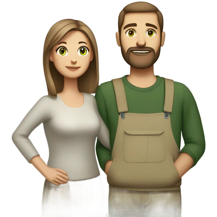 husband with wife (husband is taller, light brown short hair, light brown short full beard, green eyes and olive skin color)(wife has medium length medium brown hair and hazel green eyes with pale skin color) emoji