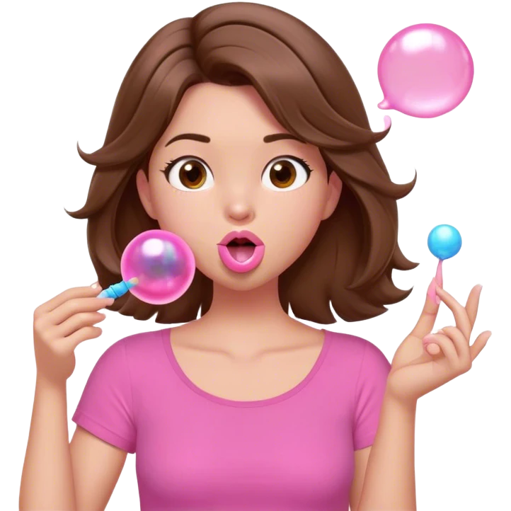 A digital illustration of a cartoon-style woman with shoulder-length brown hair, wearing a pink shirt. She is blowing a pink bubble gum bubble while playfully twirling a strand of her hair with her fingers. Her facial expression is relaxed and carefree. The background is plain white *3d emoji* emoji