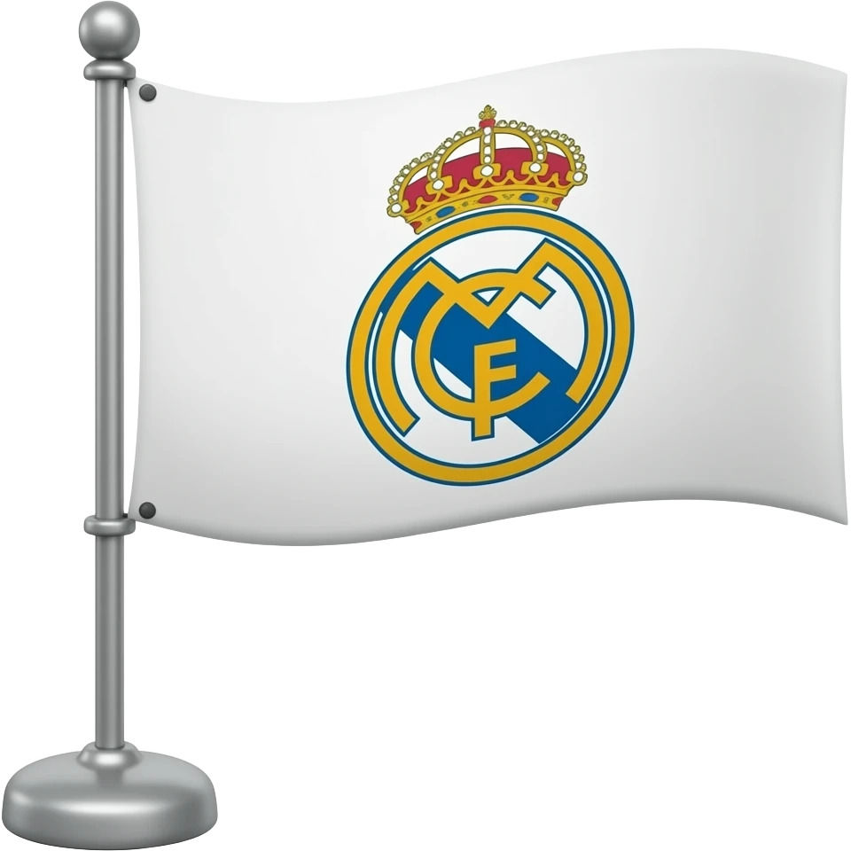 Real Madrid flag rectanglr shape with white main color and iron stand to hold it emoji