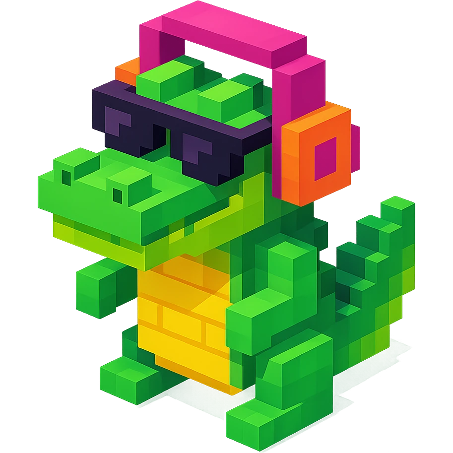voxel style crocodile with headphones and sunglasses, isometric view emoji