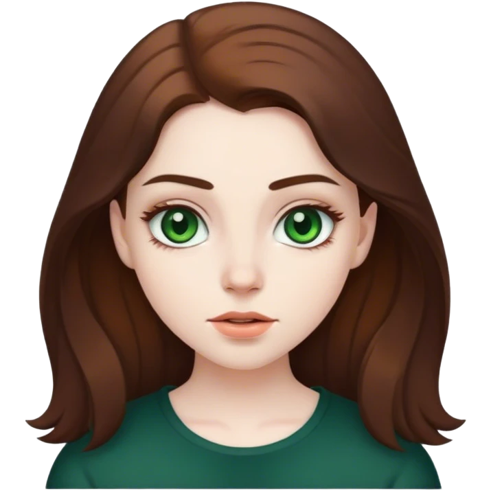 girl with pale skin, brown hair and eyebrows, dark green eyes emoji