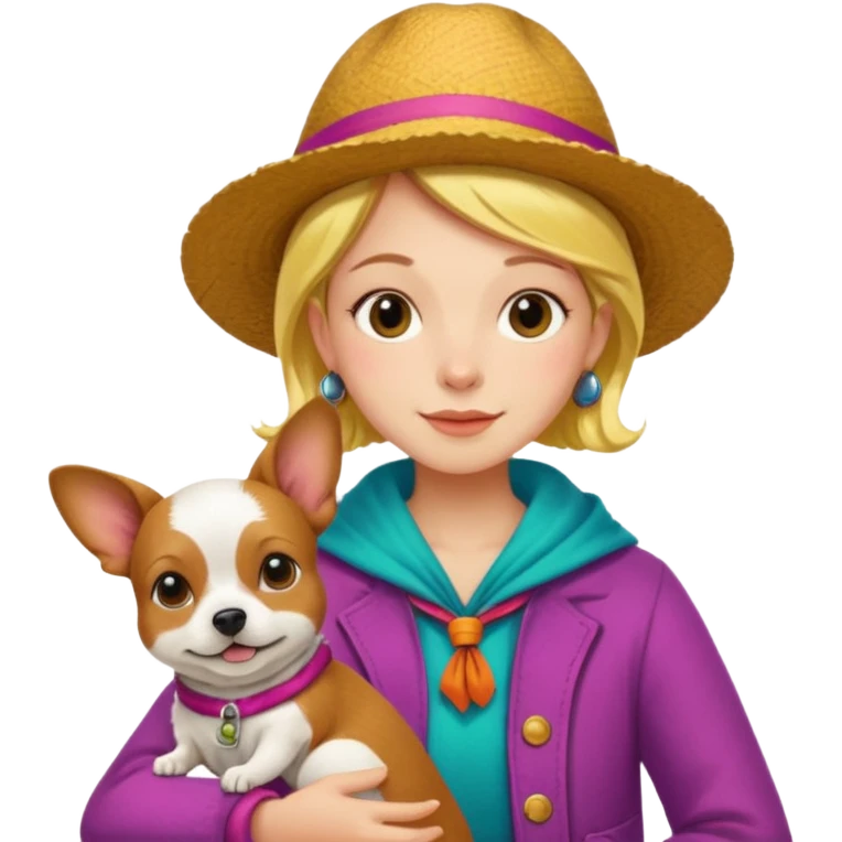 The Fool tarot card emoji inspired by Rider Waite Smith deck, whimsical traveler with small dog, vibrant colors, concise details emoji