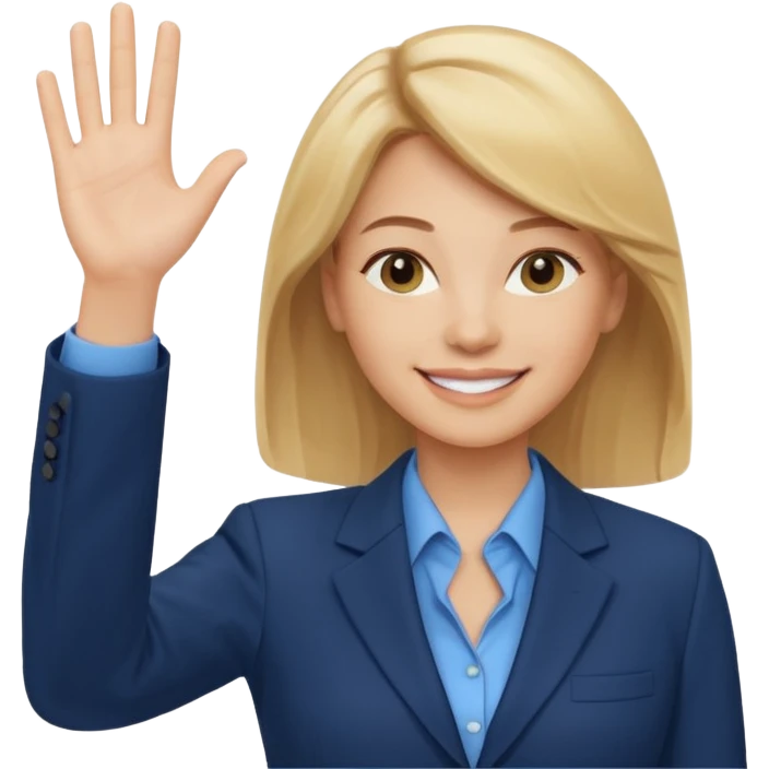Make emoji of business woman with light skin and medium blonde hair in a dark blue business suit and light blue shirt waiving to new clients emoji