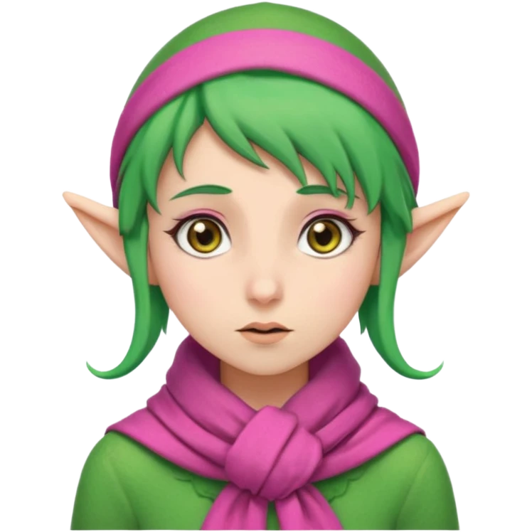 An elf girl with green hair, brown eyes, and a pink scarf who appears to be extremely stressed. emoji