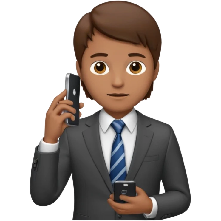 Un hombre de traje con tez media pelo color castaño, vestido con traje camisa y corbata y celular en mano .  emoji