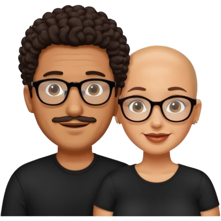 A picture of a happy tanned couple. the man is a Mexican man with tanned skin, a bald hair cut, short beard and wearing a black shirt. the woman is wearing glasses, with long curly dark brown hair and with big boobs  emoji