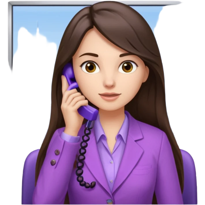 Long brunette hair girl with light purple clothes in an office talking trough a the phone emoji