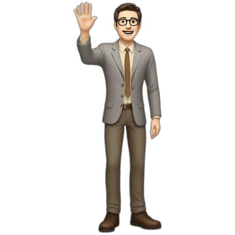 Full height Actively gesturing with hands Pale skinned fit man with dark brown hair in gray jacket, beige office shirt, brown tie, brown pants and vintage glasses. emoji