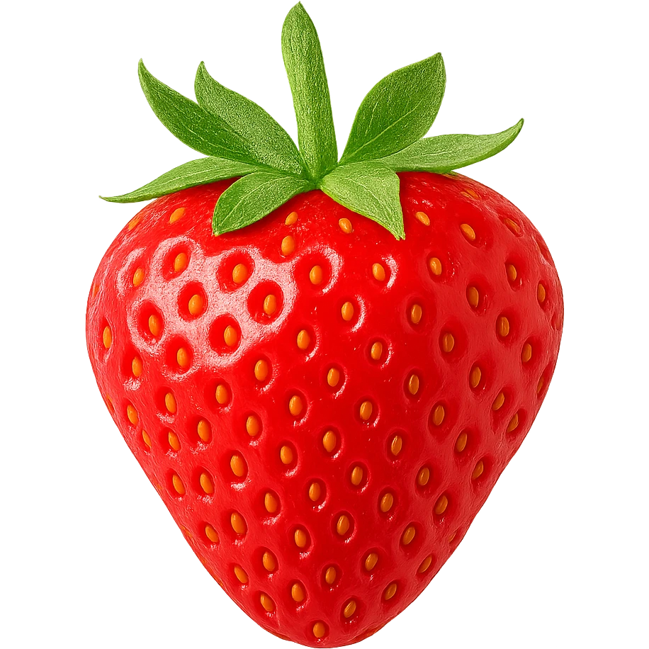 red strawberry, bright, fresh, with green leaves, transparent background emoji