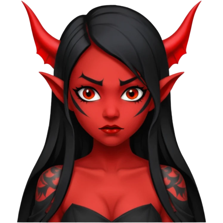 Full red-skin demon girl (entire body red), long black hair, small red horns, pointed ears, single bat wing, black open-back dress, bold tattoo-flash comic linework, red/black/gray, dark background, no text. emoji