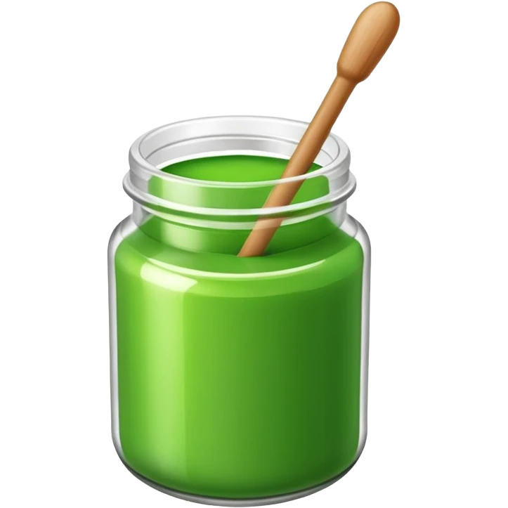 A small open plastic jar of vibrant green wax, wooden stick inside emoji
