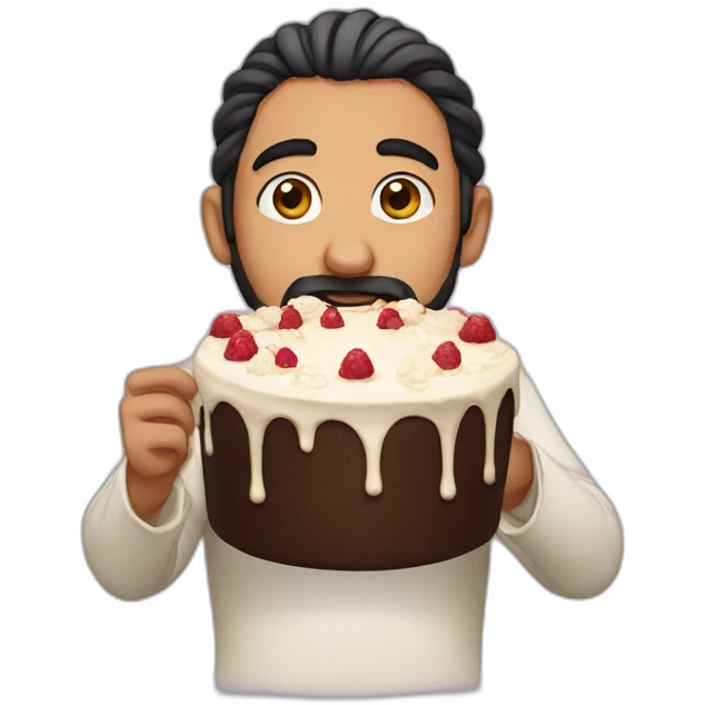middle eastern man with a manbun eating a cake emoji