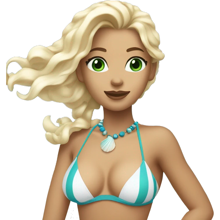 Girl with blonde hair green eyes and a shell necklace in a blue bikini and white shells but white blonde and beach waves  emoji