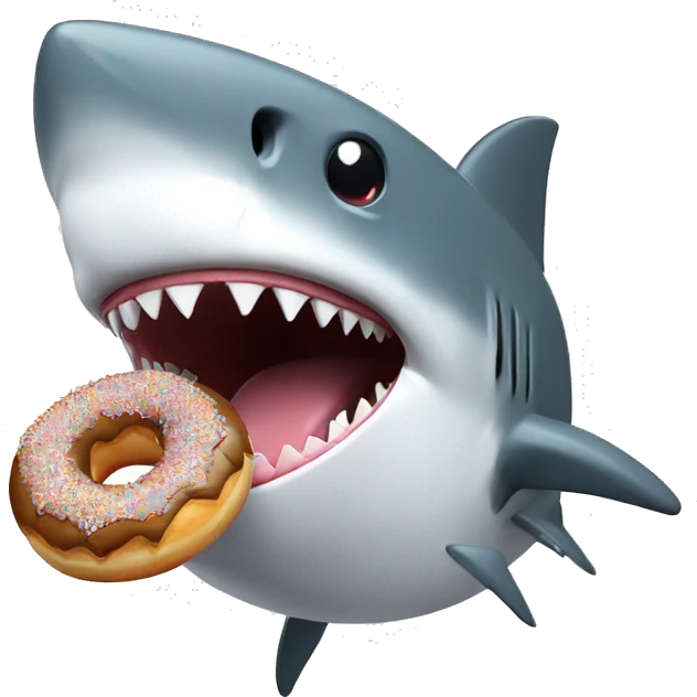 Shark chowing down on a donut and choking on it emoji