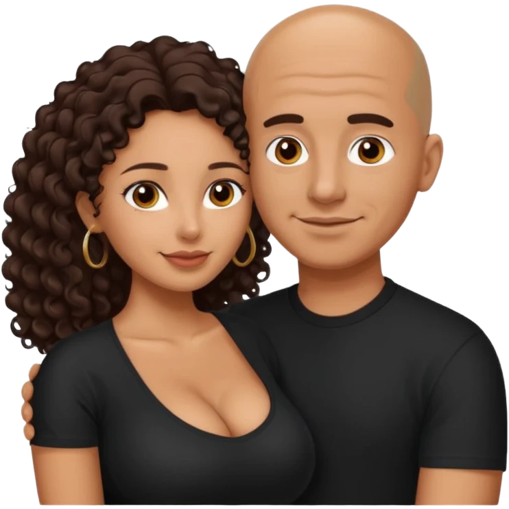 A picture of an embracing tanned couple. the man is a Mexican man with tanned skin, with a bald hair cut, and wearing a black shirt. the woman is mixed, glasses,  with long curly dark brown hair and with big boobs. Remove the glasses from the man emoji