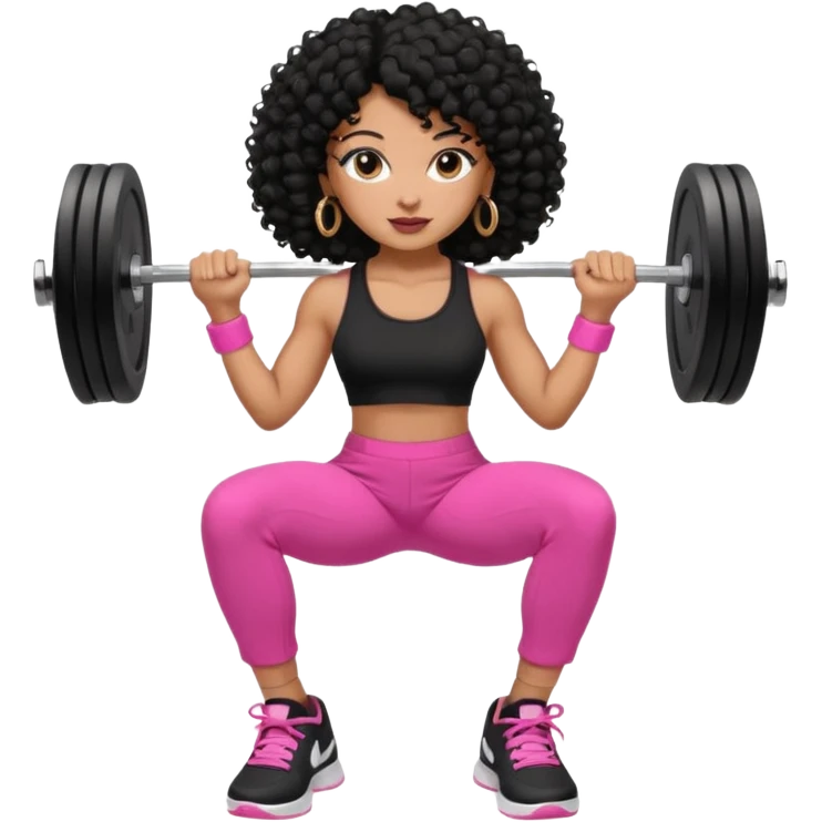 Black woman, adult, 4C black curly hair, dark brown eyes, wearing black top, pink pants, black sneakers, gold hoop earrings levantando peso emoji