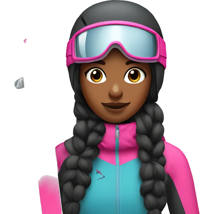 Black Skier girl with long black hair and pink gear show skis and legs  emoji