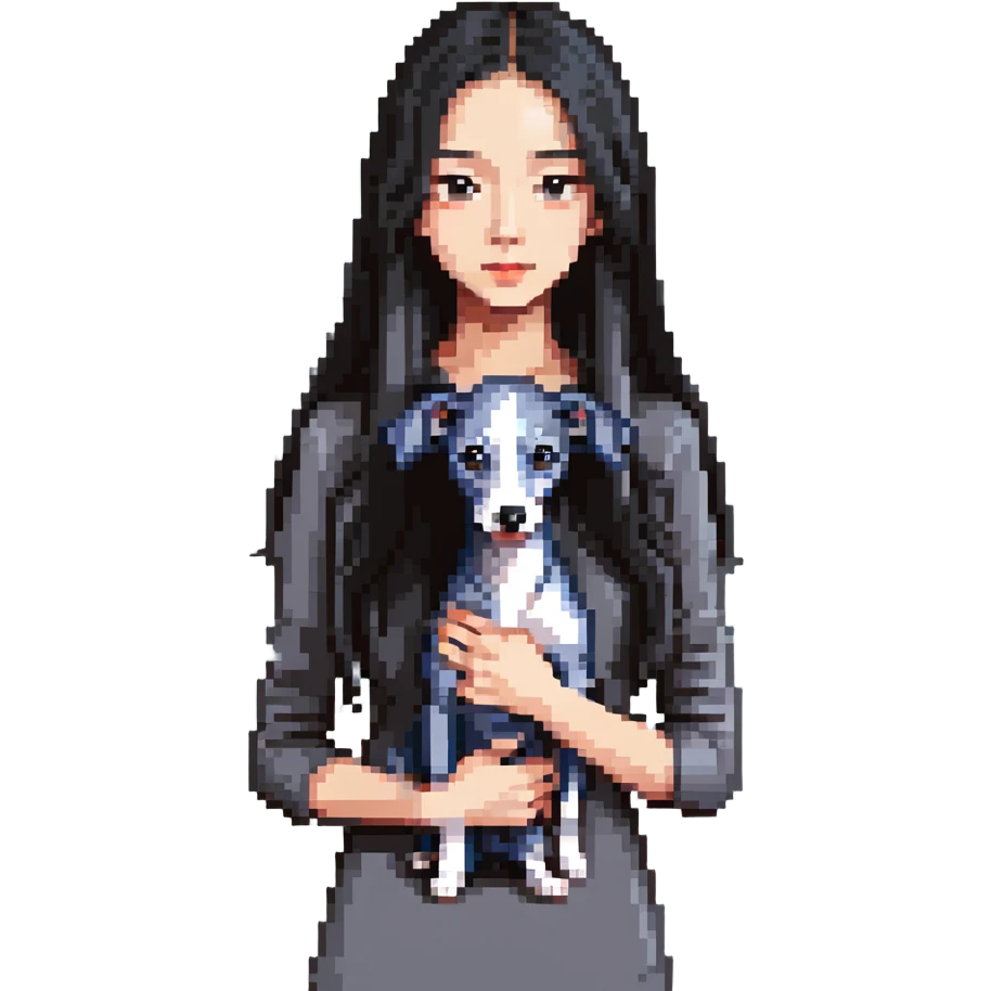 Slim Chinese girl with long black hair holding completely solid grey Italian greyhound with absolutely no white markings anywhere emoji