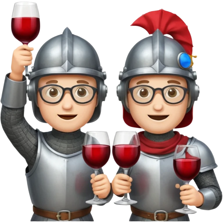 Two medieval knights with masks down cheer-sing glasses of wine  emoji