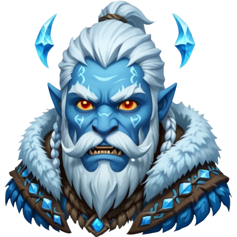 Legendary fantasy orc Christmas portrait icon, Frostfather and Snow Maiden inspired, primal winter god style, massive icy beard, glowing blue eyes, heavy fur coat, tribal frost runes, powerful brutal presence, blizzard atmosphere, clean stylized emoji icon
 emoji