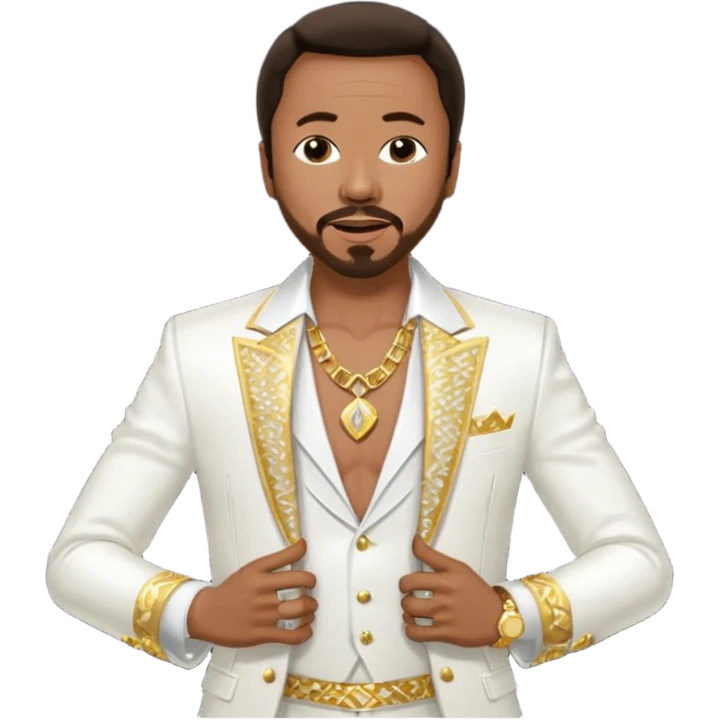Maurice White from Earth Wind and Fire with dark brown hair, white sequin suit jacket, shirtless with necklace  emoji
