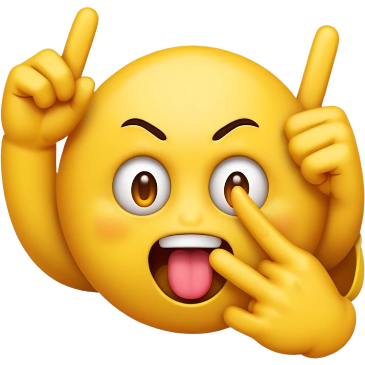 mischievous emoji face with middle fingers as eyes and a crazy, intense tongue sticking out emoji