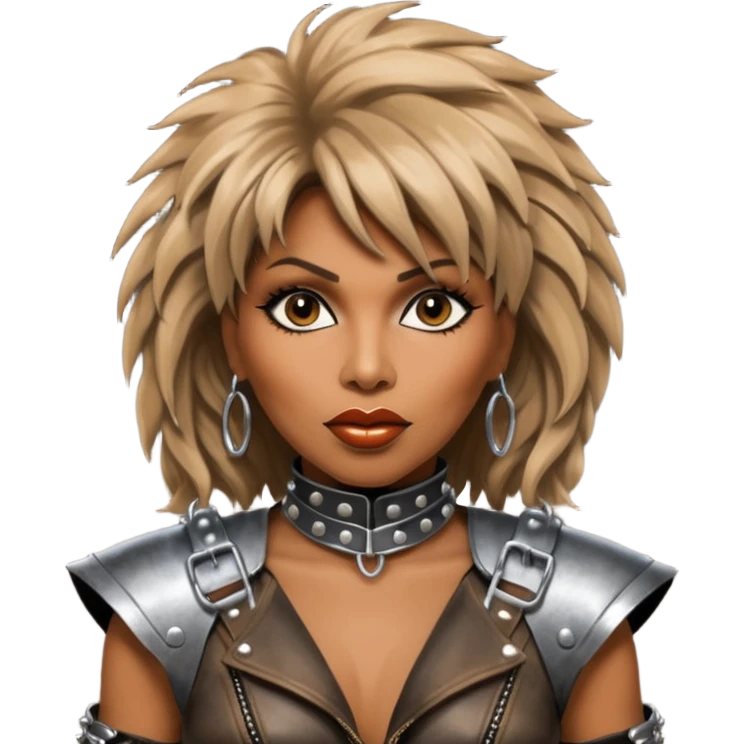 solarpunk ultra HD - portrait of Tina Turner in costume from the movie Mad Max Beyond Thunderdome, dramatic backlit by silver spotlights emoji