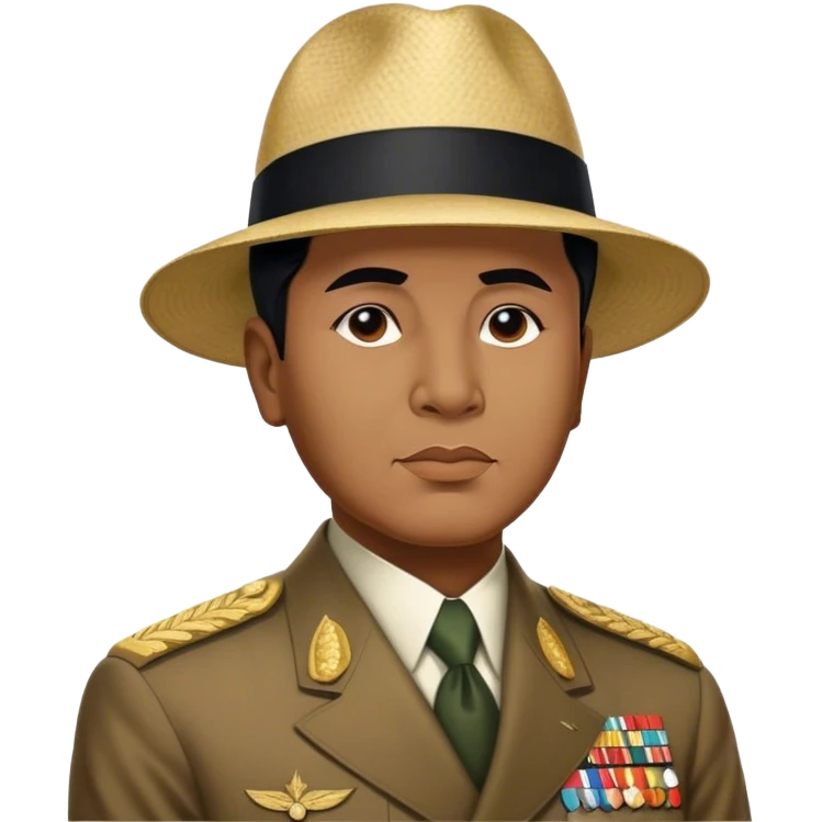 ​Cinematic Realistic Portrait of Sukarno, depicted in a lifelike, realistic style based on his iconic portrait, showcasing his thoughtful, charismatic expression in period attire, rendered with detailed textures and warm, evocative lighting that captures his pioneering spirit and national pride, emoji
