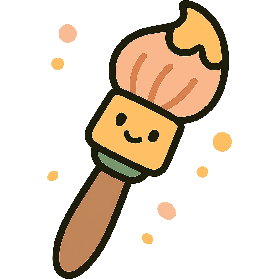 A cute and whimsical artist's paintbrush with a soft and cozy design, featuring a warm color palette: golden orange (FA9B41), deep forest green (4A7C5C), muted taupe brown (96775A), and pastel peach (FFCC9A). The brush has a delicate wooden handle in muted brown, with the bristles slightly fanned out, holding a touch of paint in shades of peach and orange. The tip of the brush is dipped in a soft golden hue, and tiny splashes of paint in the palette’s colors are gently scattered around. The overall mood is playful, artistic, and charming, evoking a sense of creativity and warmth. emoji