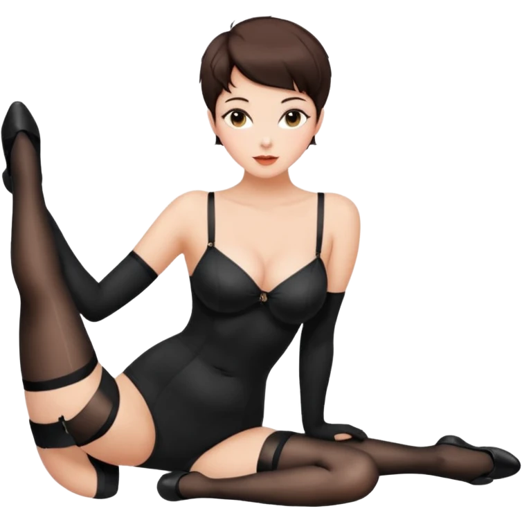 Buxom brunette pixie hair intimate sfw black nylon stocking pose emoji