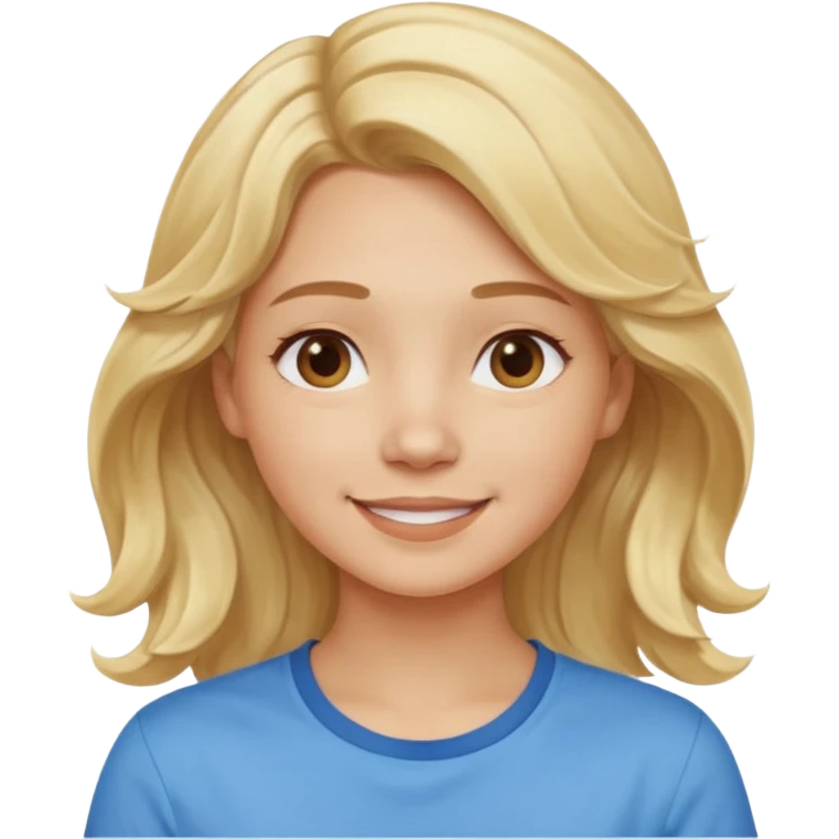 Happy blond girl with light weavy hair with a blue shirt but we can see only her face and neck and the top of the t shirt, no whole body emoji