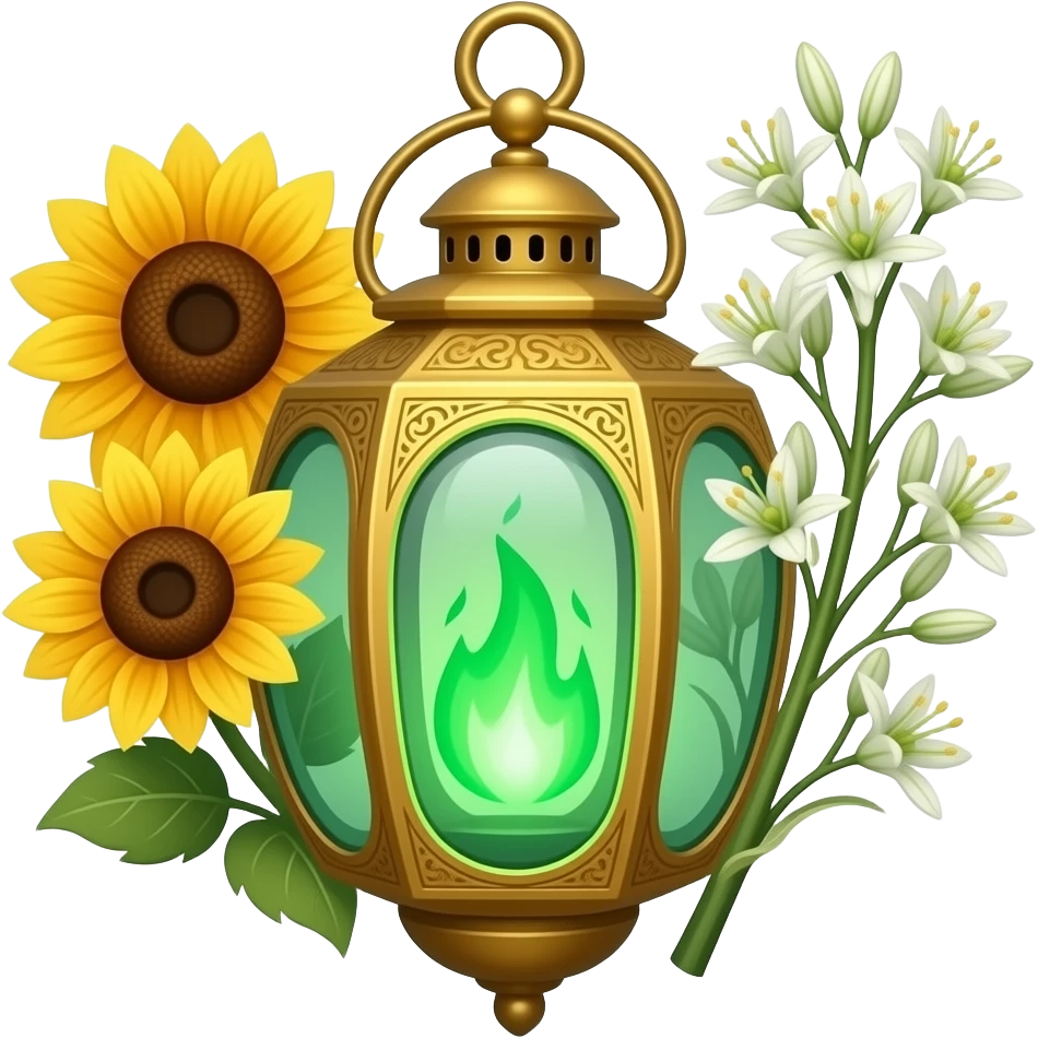 A golden hanging lantern with a bright emerald green flames, an empty loop on top, fae filigree themed sunflowers on the left and asphodels on the right as part of the design, but simple focus more on the green flames, paint the glass more green emoji