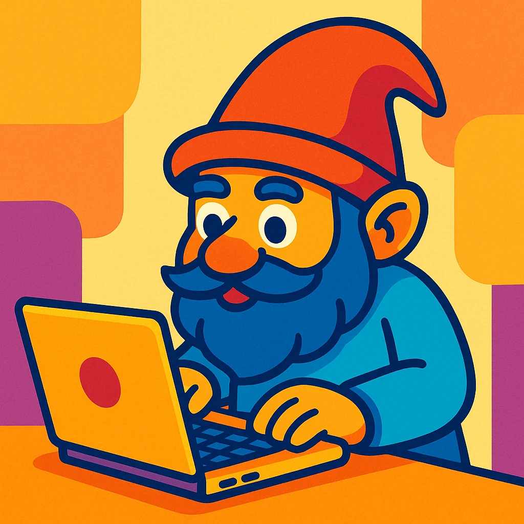 a gnome typing on a laptop, in a colorful, vibrant toon style emoji