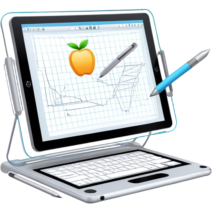 Create an emoji for 3D visualization and modeling. Show a large graphic tablet with a stylus drawing in a 3D modeling program, displaying a wireframe model on the screen. Use modern, professional colors. Do not include any emojis or smiley faces. Make the background transparent. emoji