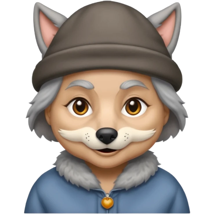 The big bad wolf is wearing Grandma's clothes and a hat, yet its face still looks like a wolf's. emoji
