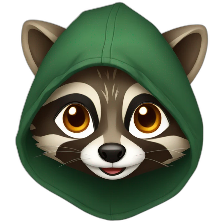 brown raccoon with orange eyes and a dark green hood that is laughing emoji