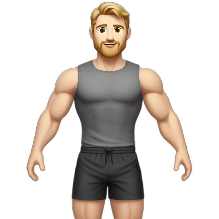 Full height Pale skinned muscular man With Realistic eyes and mouth, light brown hair and stubble In dark gray sleeveless mike, black oversize sports shorts, watch and white sneakers. emoji