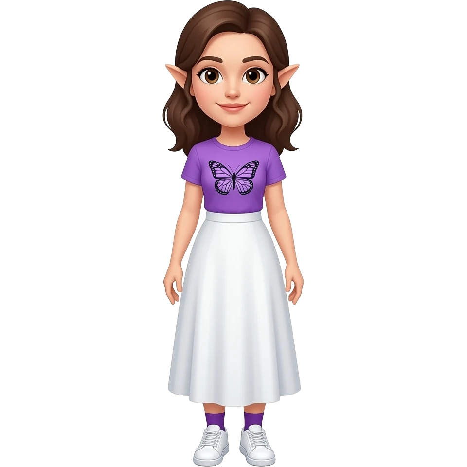 An adult woman with white/fair skin, brown hair, brown eyes and pointy ears and wearing a long white skirt, a purple butterfly shirt purple socks and white sneakers.. emoji