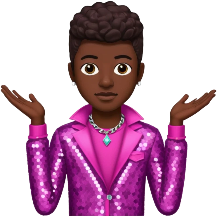 Lil Nas X with dark brown hair, dark pink sequin outfit emoji