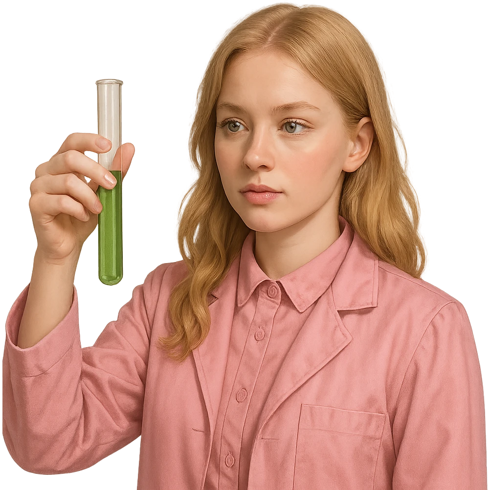 blonde girl with green-grey eyes, dressed in pink clothes, holding a test tube, chemist style emoji