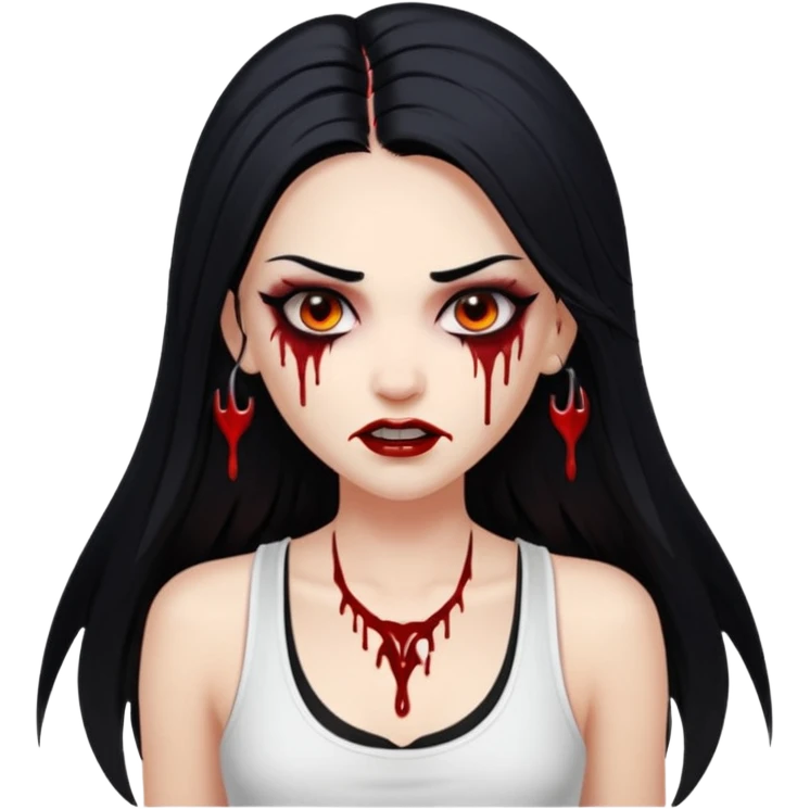 White woman with a white tank top long black hair glossy middle part long hair vamp look with fangs or blood dripping brown eyes eyeliner winged with lashes top and bottom emoji
