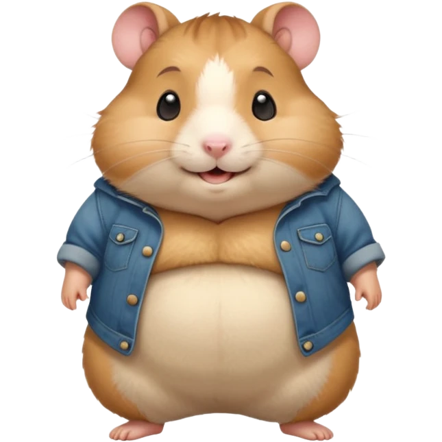 Cute chubby cartoon-style hamster wearing oversized pants that look too big, proud and smiling expression. Painterly shading, white background, sticker-style illustration emoji